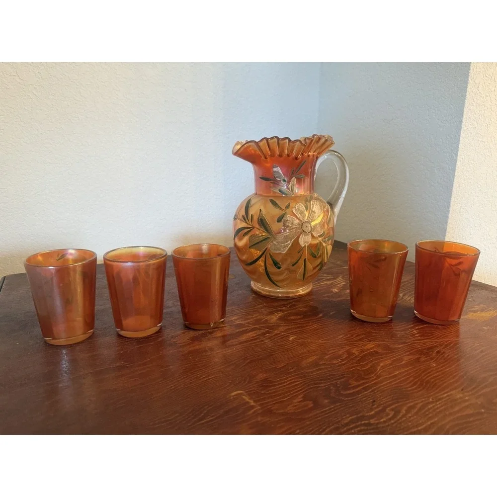 Fenton Marigold Carnival Glass Lotus Water Pitcher and 5 Glasses Set Vintage
